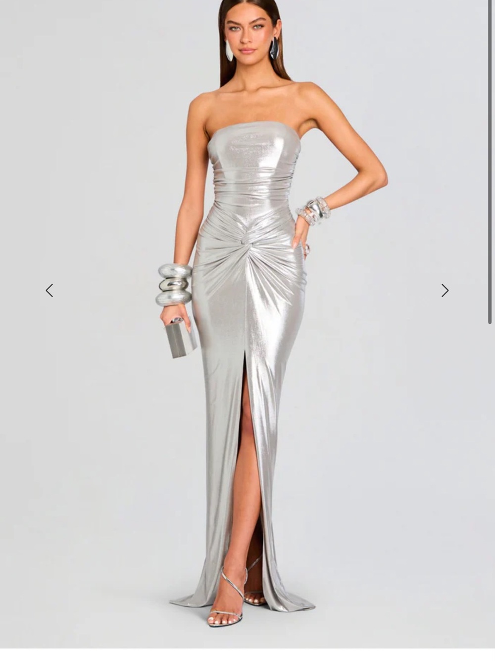 Retrofete Silver Strapless Metallic Maxi Gown with Front Slit